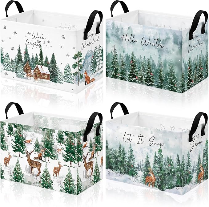 4 Pcs Christmas Storage Basket for Gifts Empty Large Christmas Forest Elk Storage Bins 15 x 10 x 8 Fabric Laundry Baskets with Handle Winter Wonderland Collapsible Organizer Boxes for Toy Book