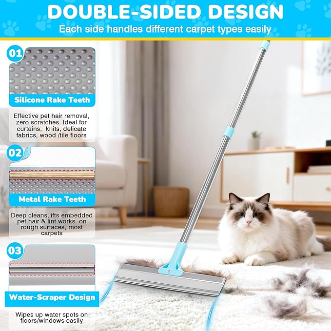 vorona Carpet Rake for Pet Hair Removal, 3 in 1 Pet Hair Removal Broom Tool with 54" Adjustable Long Handle, Reusable Dog & Cat Carpet Scraper,Pet Hair Remover for Rugs, Mats, Curtains, Couch
