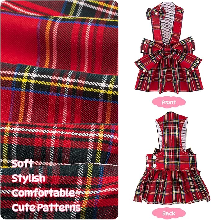 Coppthinktu Plaid Dog Dresses for Small Dogs Girl Bowknot Harness Leash Set