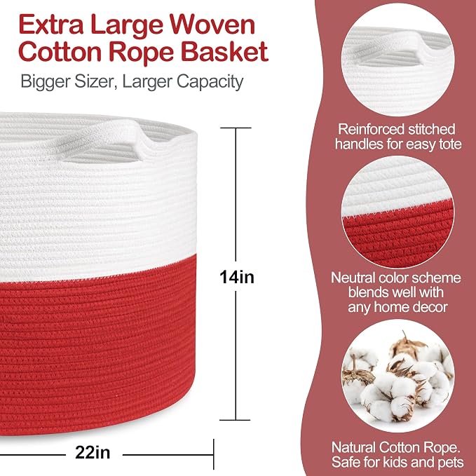 MEGASKET Large Red Baskets for Storage, 22x14 Wicker Woven Storage Basket, Blanket Organizer, Kids Toy Bin Box, Bathroom Beach Towel Basket, Basket for Gifts Decor, Fireplace Living Room Decoration