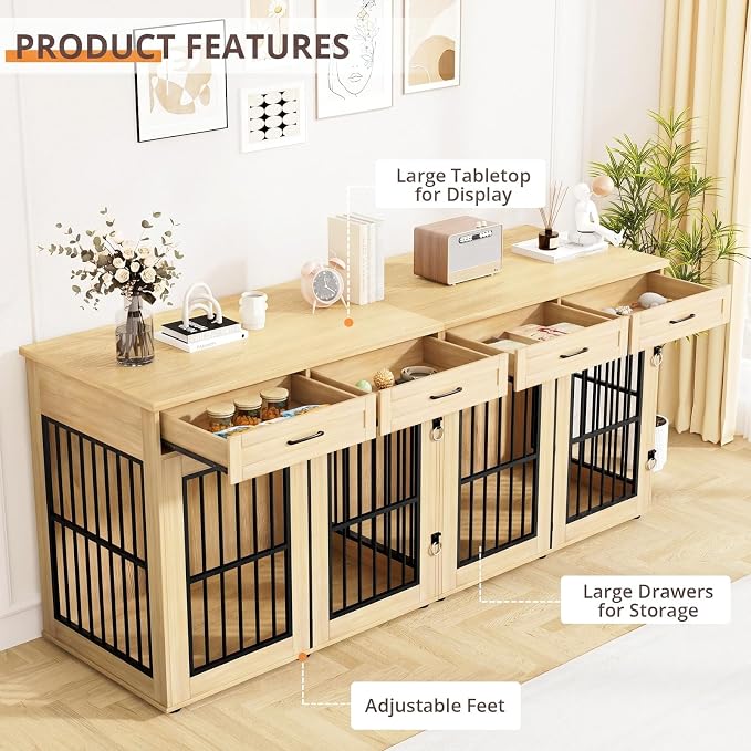 VOWNER 87"Dog Crate Furniture for 2 Dogs, Double Dog Cage Furniture,Natural | Extra Large Wooden Dog Kennel with 4 Drawer, Removable Divider, Furniture-Style TV Stand, XXL Dog Crate for Large Medium Dogs