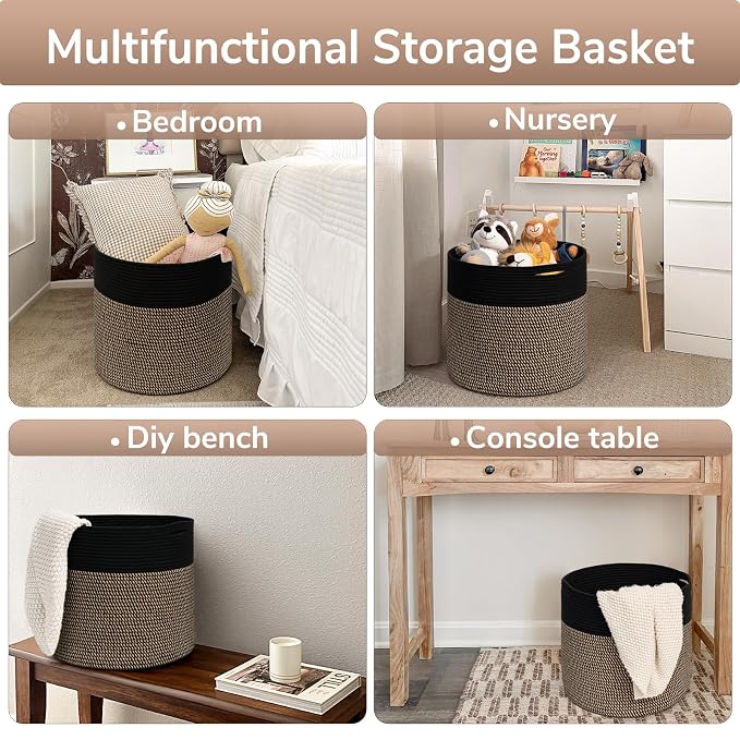 Goodpick Wicker Blanket Basket Living Room, Toy Storage for Playroom, 45L | 15.8 x 15.8 x 13.8 In Storage Basket for Toys Shoes, Cute Baby Laundry Hamper for Towels, Clothes, Black & Mix Jute