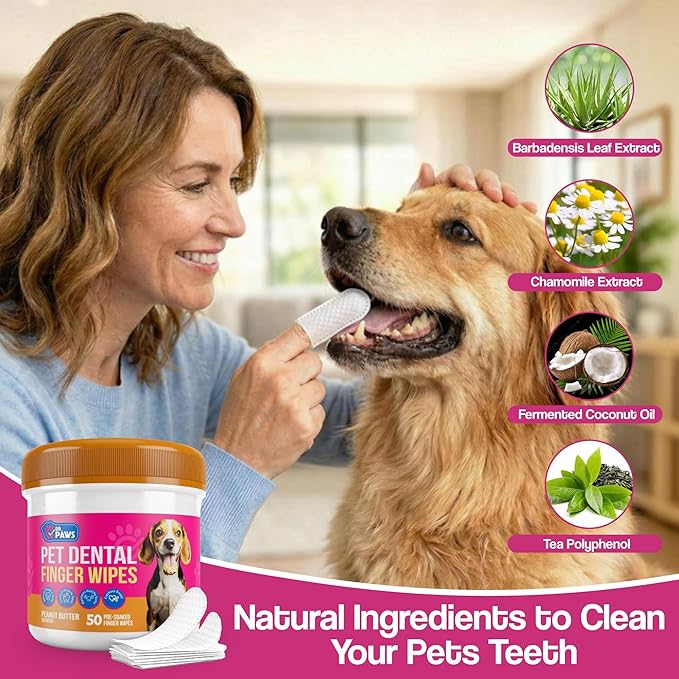 Pet Dental Finger Wipes - Natural Ingredients, Easy to Use Dog Teeth Cleaning Wipes for Effective Dog Teeth Cleaning - Ideal Dog Dental Wipes for Optimal Oral Hygiene (Peanut Butter)