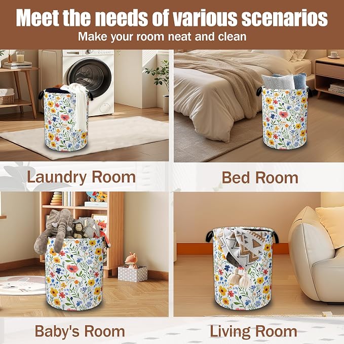 Laundry Basket Colorful Wildflower Collapsible Laundry Baskets Waterproof Oxford Cloth With Handles,Laundry Hamper Clothes Storage Bucket Toy Organizer for Bathroom/Nursery/Bedroom 16" x 20.8"