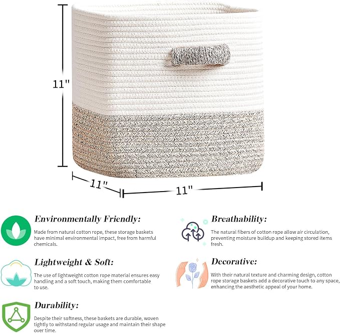 R RUNKA Storage Cube Baskets 3-Pack - 11 inch Square Baskets, Closet & Shelves Organizers - Woven & Drawer Storage - Ideal for Toys | White & Beige