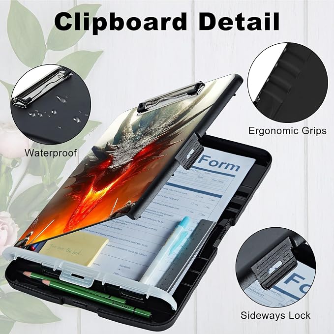A4 Clipboard with Storage Pen Holder, Clipboards Organizer Nursing Clipboard Foldable File Folder Plastic Clipboard Folio Clip Board for Office Work Classroom Doctor, Grey Flame Dragon