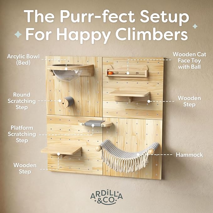 Ardilla & Co. Cat Wall Furniture – Wall-Mounted Modular Wooden Boards with 7 Moveable Accessories, Cat Wall Shelves, Hammock, Climber Steps, Perches, Walkways, Toy & Acrylic Bowl!