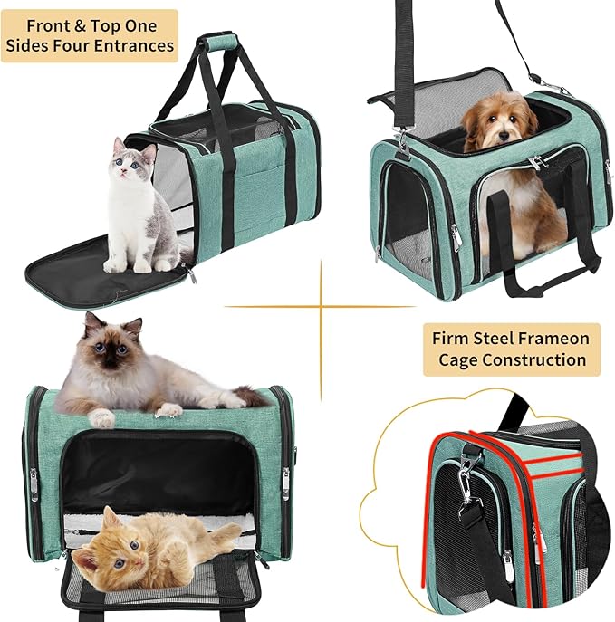 Soft-Sided Cat/Dog/Pet Carrier, Collapsible Pets Travel Carriers | For Big Cats/Small Dogs with Shoulder Strap & Removable Mat, Mesh Puppy Carry Bag,Up to 25 Lbs,TSA Airline Approved-Turquoise