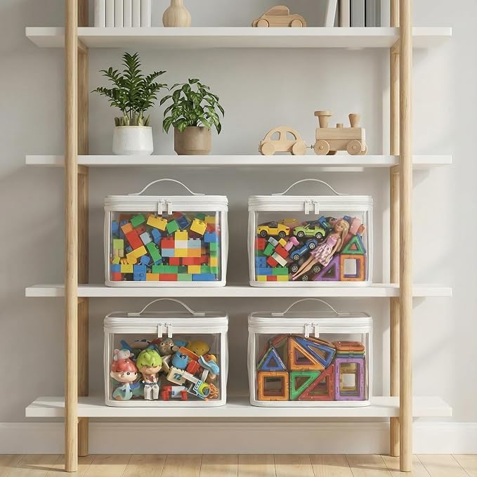 holay 4 Pack Clear Toy Storage Bags with Zipper & Handle, Board Game Bins | Reinforced base stands upright; clear PVC front; holds toys, board games & busy bags; foldable for playroom & travel