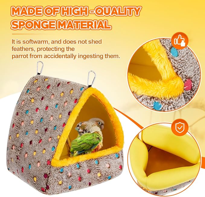 10x10x12in Extra Large Winter Warm Bird Hammock for Cage, Hanging Bird Bed with Support Board, Comfortable Sleeping Hammock House Hut Gift for Parrot Parakeet(Gray Polka Dot Style)