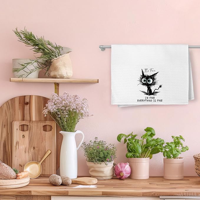 Cat Hand Towels for Bathroom, It's Fine I'm Fine Everything is Fine Funny, Humor, Cat Kitchen Towels, Cat Towels for Cat Lovers Gifts, Black Cat Dish Towels Tea Towels for Kitchen, 16x24 Inch