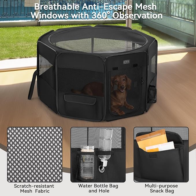 PETSFIT Portable Dog Playpen 36", Removable Waterproof Mat, Zippered Roof | 3-Second Setup, Collapsible Storage, RV Camping Travel, Indoor Outdoor Use, Medium Dogs and Cats, 36"L x 36"W x 21"H