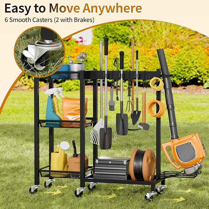 Broom Holder with Cleaning Supplies Organizer, 30.7"Wx11.8"Dx34.6"H | Load 350 LBS, Cleaning Cart with Wheels, 3-Tier Shelves, 6 Mop Hanger Grippers & 3 Double-Hooks, Vacuum Stand for Laundry