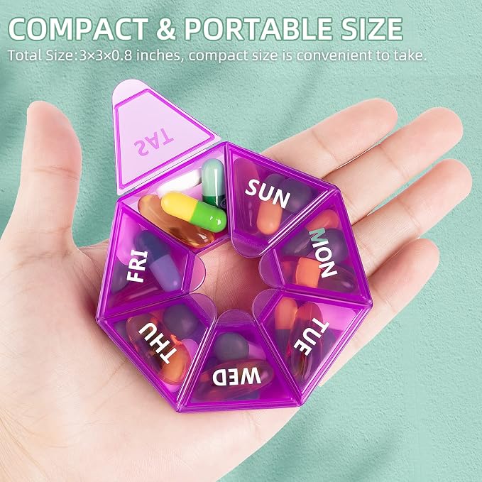 Weekly Pill Organizer, 2 Pack Portable Travel Pill Box, 7 Day Pill Case | Easy Open, BPA-Free, Arthritis Friendly Medicine Pill Container, Medicine Case for Vitamins,Supplements Medications, Purple