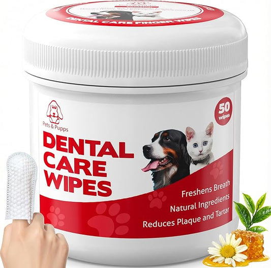 Pets & Pupps Dog Teeth Cleaning Wipes, Cats & Dogs Tooth Brushing Kit to Remove Plaque & Tartar Buildup, Dog Toothbrush and Toothpaste Alternative for Dog Breath Freshener & Dental Care - 50 Count