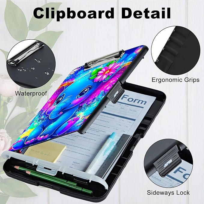 Blue Elephant Flowers A4 Clipboard with Storage Pen Holder, Clipboards Organizer Nursing Clipboard Foldable File Folder Plastic Clipboard Folio Clip Board for Office Students Classroom