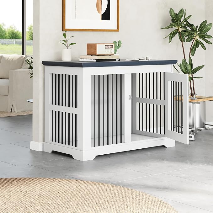 44" Wooden Dog Crate Furniture,Large Kennel Pet Cage End Table for Indoor | for XXL XL Medium Dogs, White and Grey, Fits Living Room Bedroom, Heavy Duty Steel Frame with Lock 100 lbs Cap, 100 lbs Top.
