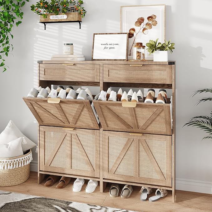 Halitaa Shoe Cabinet with 4 Flip Drawers & 2 Drawers,Farmhouse Shoe Storage Cabinet for Entryway,Slim Freestanding Organizer Rack for Front Door Entrance,Rustic Oak Rattan