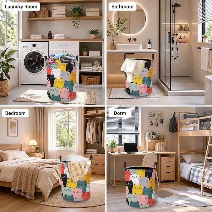 Cute Cat Laundry Hamper, Colorful Cat Laundry Baskets, Waterproof Oxford Cloth for Room/Bathroom/Bedroom/Dormitories 16x20.8 Inch