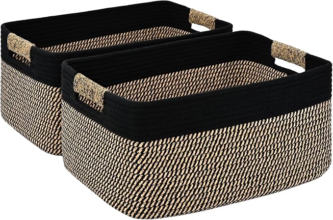 2 Pack Large Storage Basket for Organizing, 17.5"x13"x7" Woven Basket for Shelves, Closet Cube Storage Bins with Wrapped Handle, Cotton Rope Baskets for Kitchen, Clothes, Toys(Black & Brown)