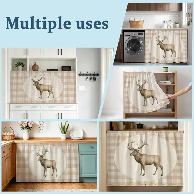 Majestic Buck Oven Skirt Curtain for Kitchen Decor 28"x35", Vintage Natural Buck Rustic Linen Plaid Self Adhesive Stove Curtains Skirt Cabinet Curtains for Bathroom Laundry Room