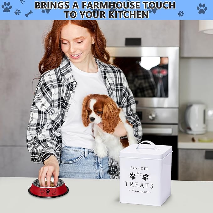 Meraki Home Small Dog Food Container and Dog Treats Container - Tight Lids - Feed Scoop and Pet Food Bowl - Farmhouse Metal Storage Bin - Glossy White