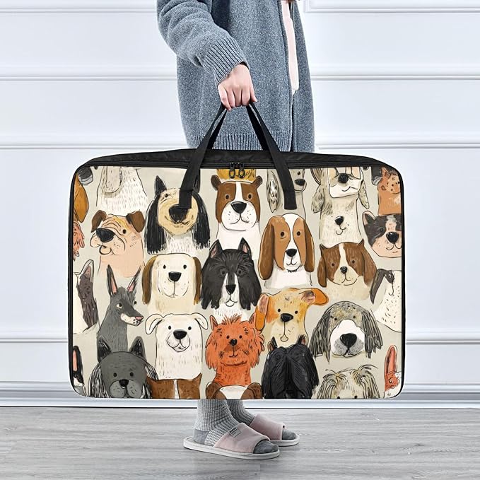 Comforter Storage Bags Large Folding Blanket Organizer Bag with Strong Handles Clear Window Closet Storage Containers for Clothes King Queen Pillows Bedding Quilt Duvet Beige Cute Pet Dogs