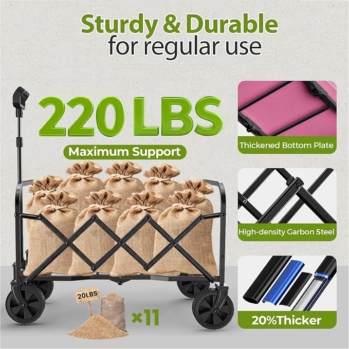 Pink Small Collapsible Wagon Cart, Lightweight Folding Utility Cart with Wheels, 220lbs Capacity Portable Grocery Cart for Sporting Events, Garden, Shopping (Pink)