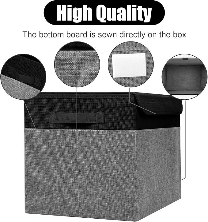 Large 42 Quarts Fabric Storage Bins with Lids [2-Pack] Linen Collapsible Foldable Storage Cubes, Closet Organizer Containers boxes with Handles for Home Office (16.7 x 12 x 12, Black & Gray)