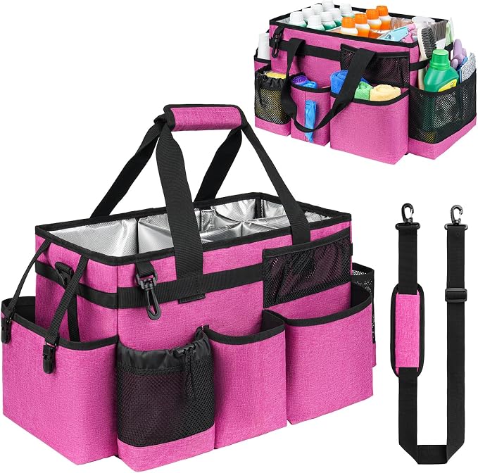 Cleaning Caddy Bag, Large Cleaning Bag for Housekeepers, Rose Pink | Cleaning Caddy Organizer for Cleaning Supplies with Handle and Adjustable Shouder Strap, Easy to Clean & Heavy Duty Design