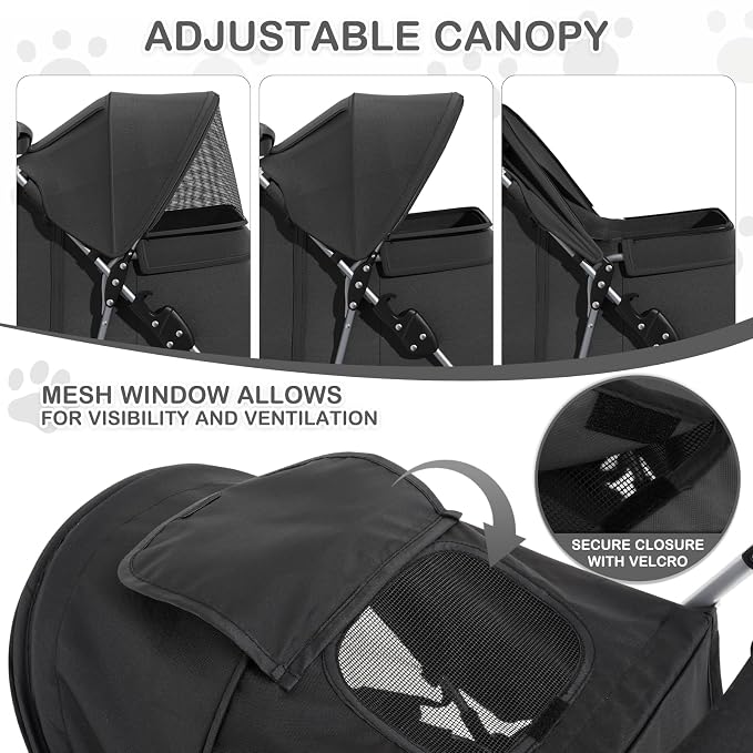 MoNiBloom Pet Stroller for Small/Medium Dogs and Cats up to 33 lbs, Black | Foldable Dog Stroller 3 Wheels Pet Strolling Cart w/ Storage Basket Cup Holder, Breathable and Visible Mesh for All-Season