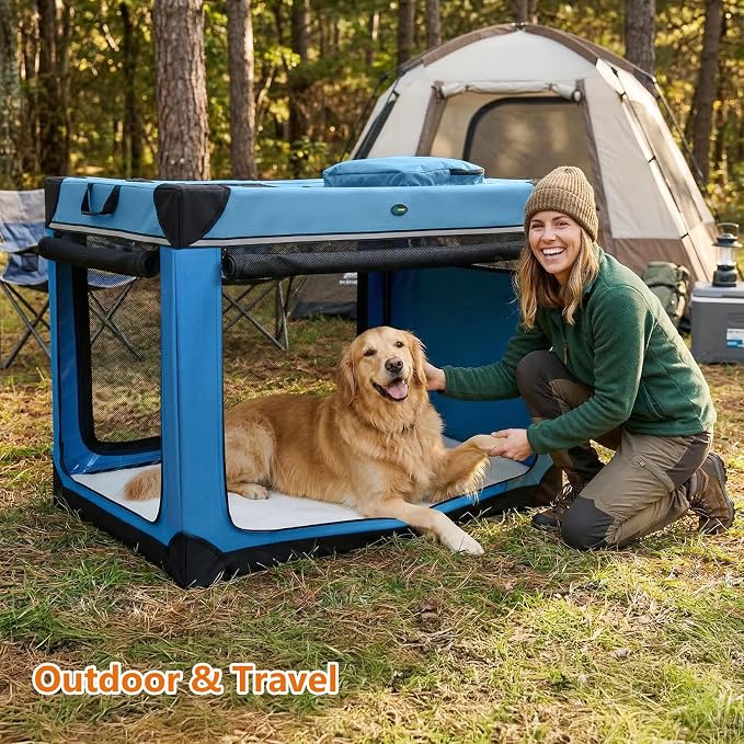 Ownpets Collapsible Dog Crate, 42 inch Portable Travel Dog Crate for Large Dogs, 4-Door Foldable Pet Kennel with Durable Mesh Windows & Soft Mat, Blue | Foldable, Portable, 4-Doors, 4-Side Mesh Windows, Steel Frame Oxford Cloth, Soft Cushion Mat, Leash...