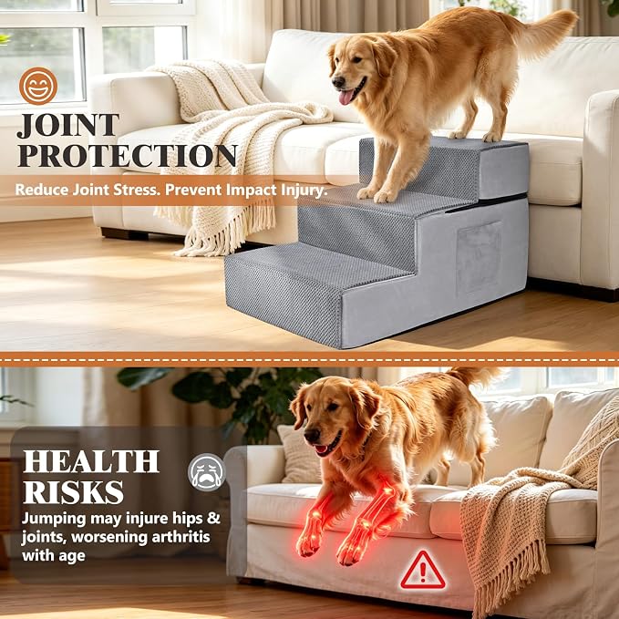 Dog Stairs for High Bed, Dual Reinforced Support Pet Steps for Large Dogs | 18" H Foam Pet Ramp with Storage Pocket, Washable Cover and Anti-Slip Bottom for Easy Climb, Senior Dogs & Cats Up to 120lbs