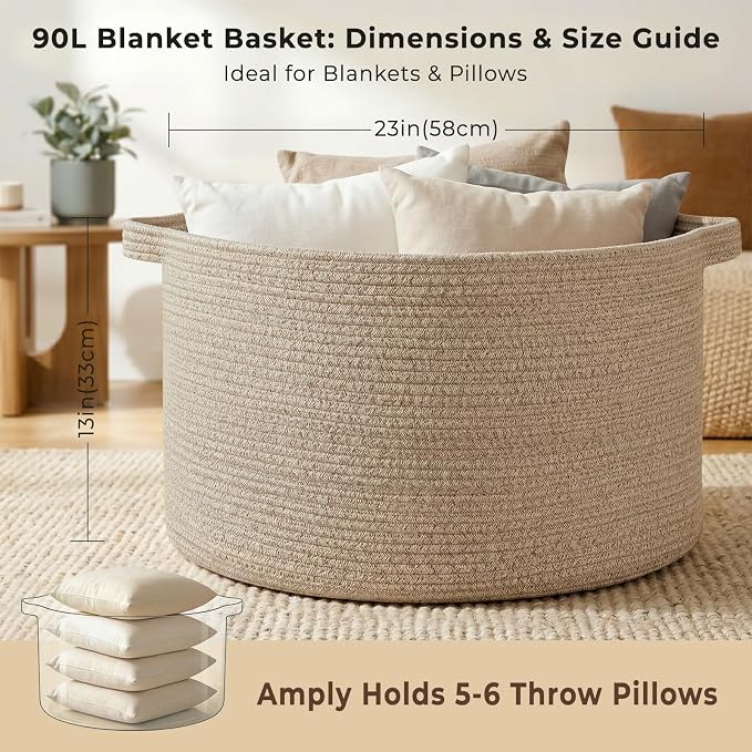 OIAHOMY 90L Extra Large Blanket Basket - Decorative Cotton Rope Storage Basket for Bedroom, Living Room & Nursery - Woven Laundry Hamper for Organizing Blankets, Clothes & Toys - Brown