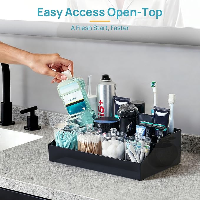 Vtopmart 5 PCS Bathroom Countertop Organizer Sets, Black | 1 Divided Tray with 4 Qtip Holder Jars, For Toothbrush, Cotton Pads Balls, Floss, For Bathroom Countertop