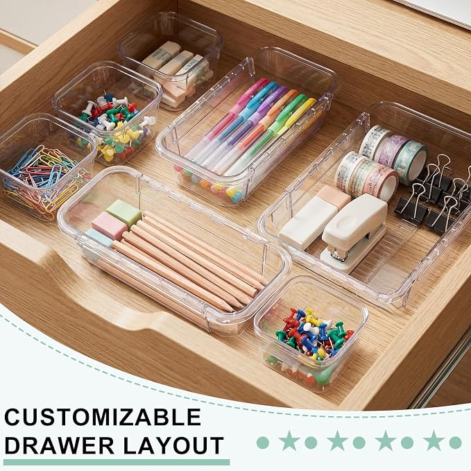 PrecisionAuto Expandable Drawer Organizer Set | Clear PET Plastic Desk Dividers for Office, Kitchen, Bathroom, and Vanity, Adjustable, Multi-Size Storage Bins Space-Saving