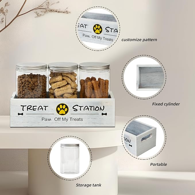 Dog Treat Container with 3 Airtight Jars and Wooden Tray, Labels and Marker | Reusable Write-On Stickers, Built-In Handles, Clear Pet Food Storage Canisters for Countertop, Farmhouse Decor for Pet Owners