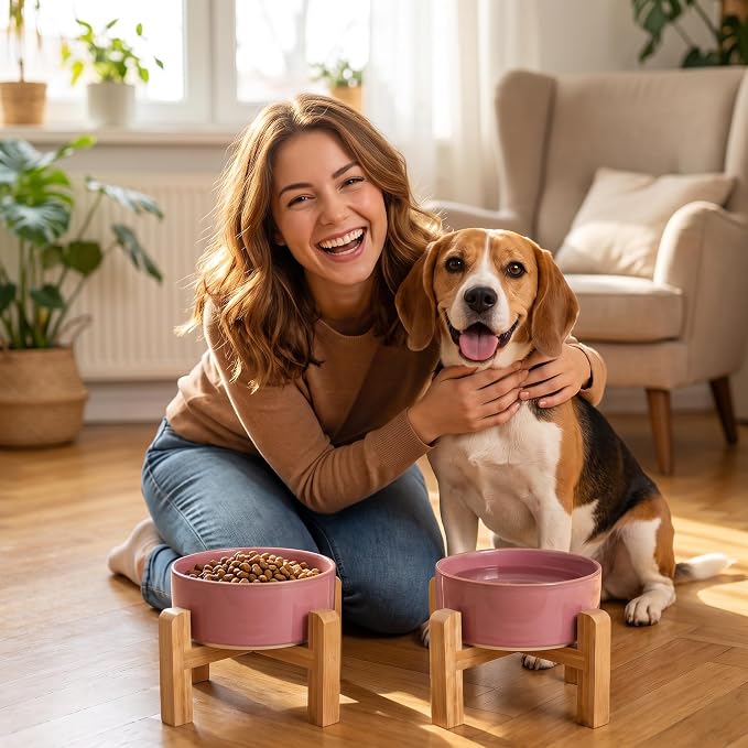 hjn Elevated Ceramic Dog Bowl with Bamboo Stand, Raised Pet Feeding Station for Small Medium Dogs Cats, Modern Design with Anti-Slip Base (Deep Pink, 3.6Cup)