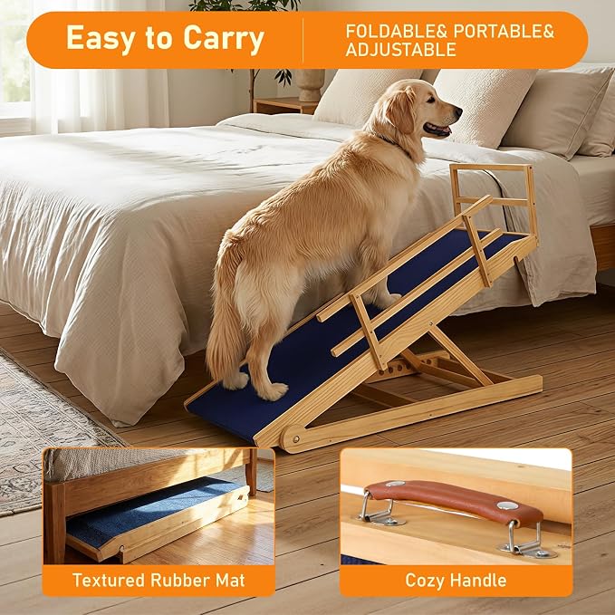 Dog Ramp - 7 Adjustable Heights, Portable with Leather Handle, Anti-Slip Design for Beds, Couches & Cars - Perfect for Small & Large Dogs