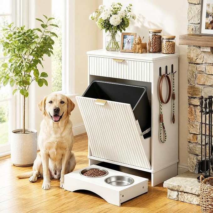 Dog Feeding Station with Storage Cabinet & 2 Elevated Bowls,Hooks,White | Flip-top Sealed Food Bin.Pull-out Bowl Drawer with Wheels.Side Hooks for Leashes + Internal Shelf for Cans.For Dogs/Cats.