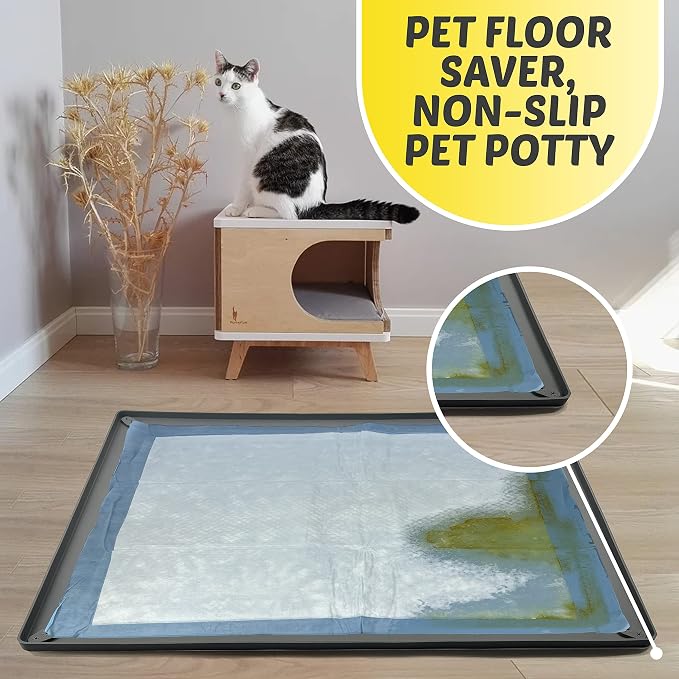Dog Pee Pad Holder Tray Fits for 30” x 36” Pee Pads - 1 Pack - Grey | Corner Lock Holes, Raised Edges, Non-Spill, Easy to Clean Silicone Dog Potty Tray Holder, For Indoor Floor Protection