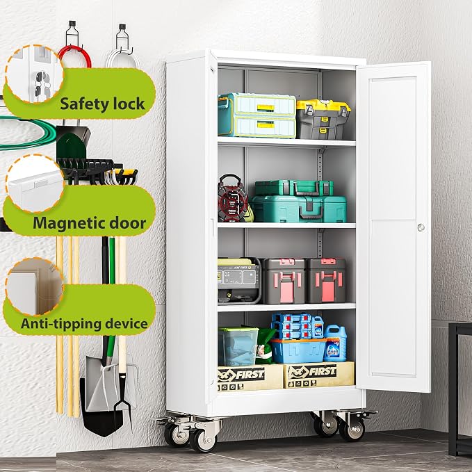61-Inch Metal Garage Storage Cabinet with Wheels, Locking Doors and Shelves | 3 Adjustable Shelves, Locking Doors, Magnetic Closure, 360° Casters, Anti-Tip Kit, Cold-Rolled Steel