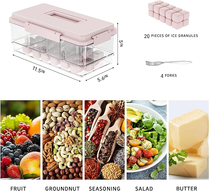 2Pack Ice Chilled Condiment Caddy with 4 Removable Containers Taco Ingredient Server with Lid Cooled Garnish Caddy Tray for Taco Mimosa Bar Sauce Fruits&Veggies Pink