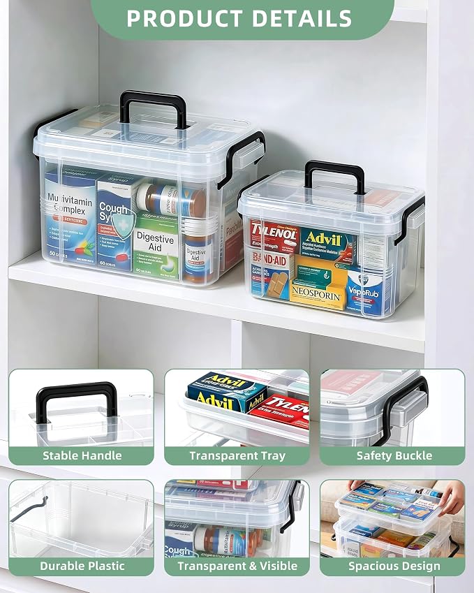 2 Pack Clear Medicine Storage Box with Removable Tray, Empty First Aid Box