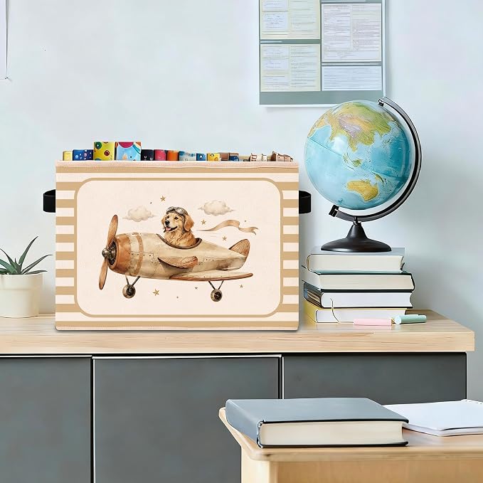 Golden Retriever Airplane Storage Bin, Foldable Organizer Basket | Golden retriever airplane storage bin with vintage plane artwork, striped border, foldable fabric and handles.