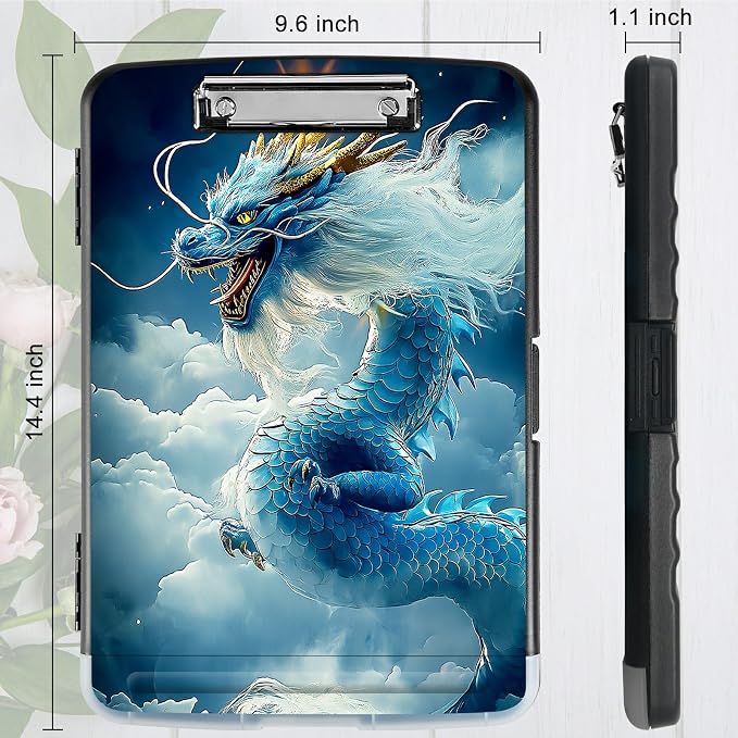 A4 Clipboard with Storage Pen Holder, Clipboards Organizer Nursing Clipboard Foldable File Folder Plastic Clipboard Folio Clip Board for Office Work Classroom Doctor, Cloud Blue Dragon