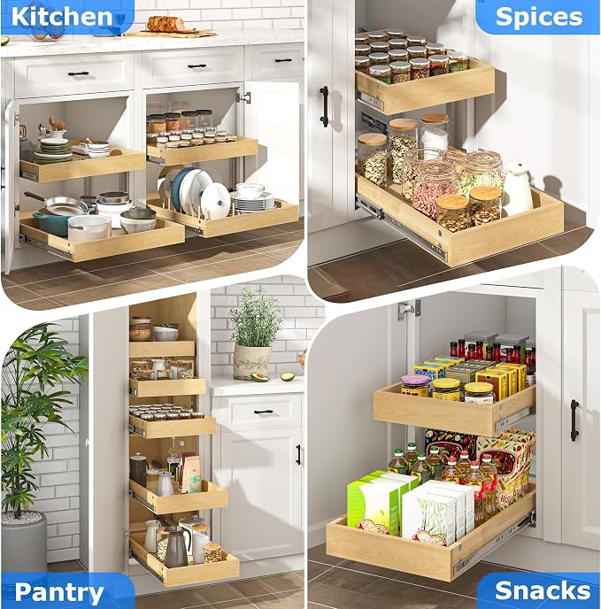 WelFurGeer 2-Tier Pull Out Cabinet Organizer with Soft Close Slides, Heavy-Duty Pull Out Drawers for Cabinets, Slide Out Shelf for Kitchen, Bathroom, Pantry & Under Sink, Solid Birch Wood
