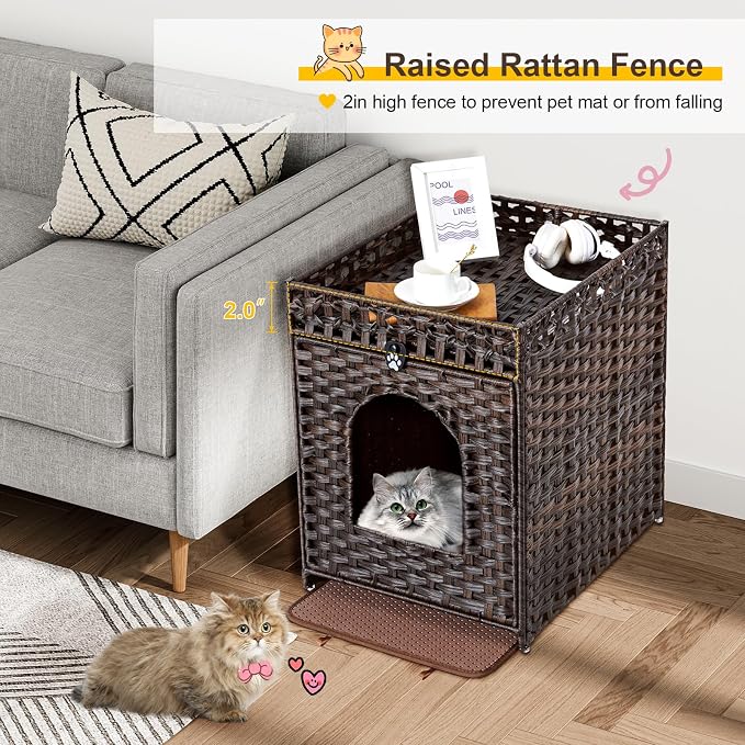 Snughome Cat Litter Box Enclosure Furniture Hidden with Litter Mat, Hidden Cat Washroom Furniture with Door, Handwoven Rattan Cat Washroom Box, Indoor Pet House for Living Room, Bedroom (Brown)