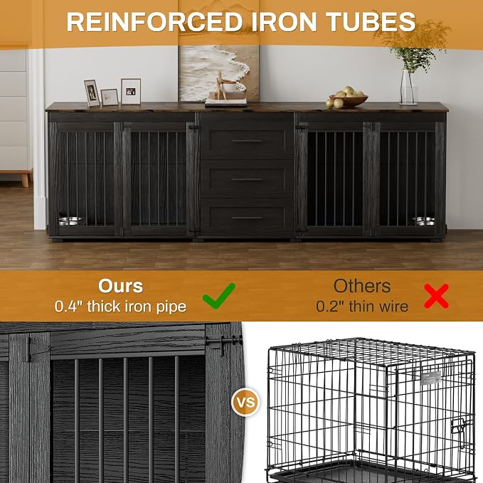 OUYESSIR 94.5" Double Dog Crate Furniture for Medium Large Dogs, Black | Extra large dog kennel fits 2 Medium or large dogs, 3 Storage Drawers, 4 removable Stainless steel dog bowls, Solid Wood