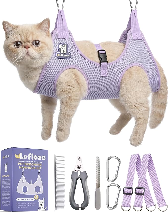 Loflaze Dog Grooming Hammock Harness for Dogs & Cats with Pet Nail Clipper Trimmer - Cat Hanger Sling for Trimming Clipping Nails- Dog Hammock Restraint Bag for Small Medium Large pet （ Purple S）